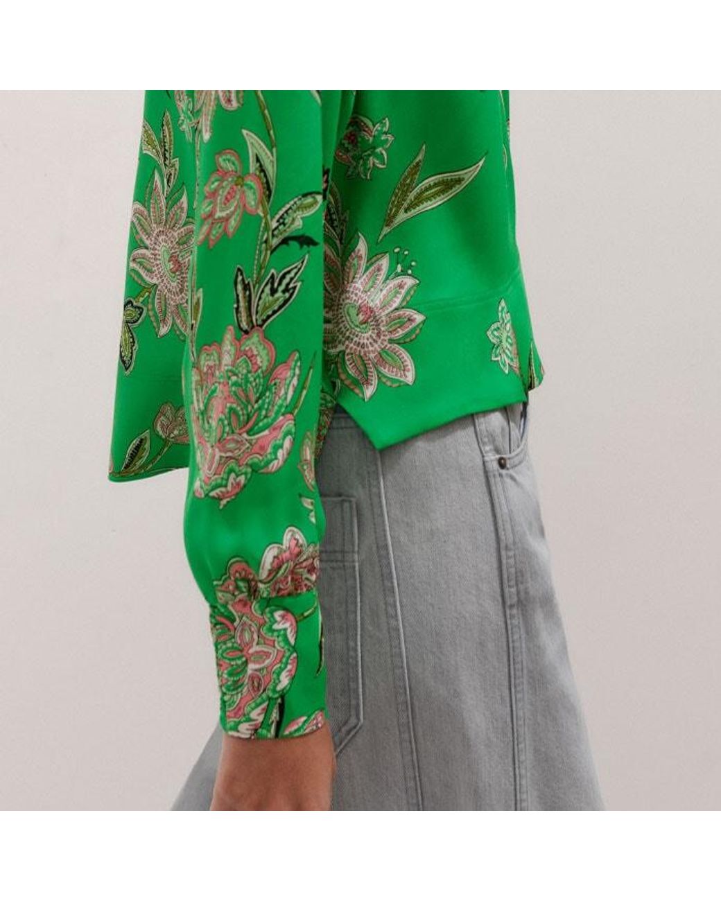 Full Sleeve Blouse Mandarin Collar Green High Neck Blouse ME+EM