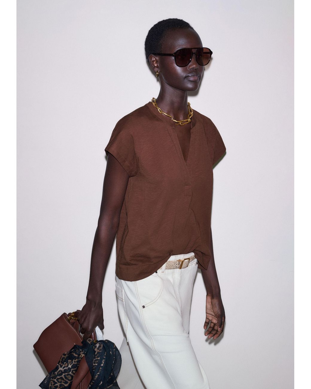 ME+EM Brown Open Placket Swing Top