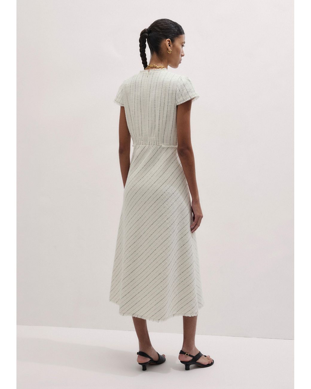 ME+EM White Textured Stripe Fit And Flare Midi Dress