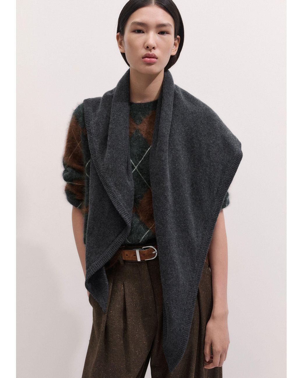 ME+EM Blue Cashmere Triangle Knit Scarf Charcoal Melange