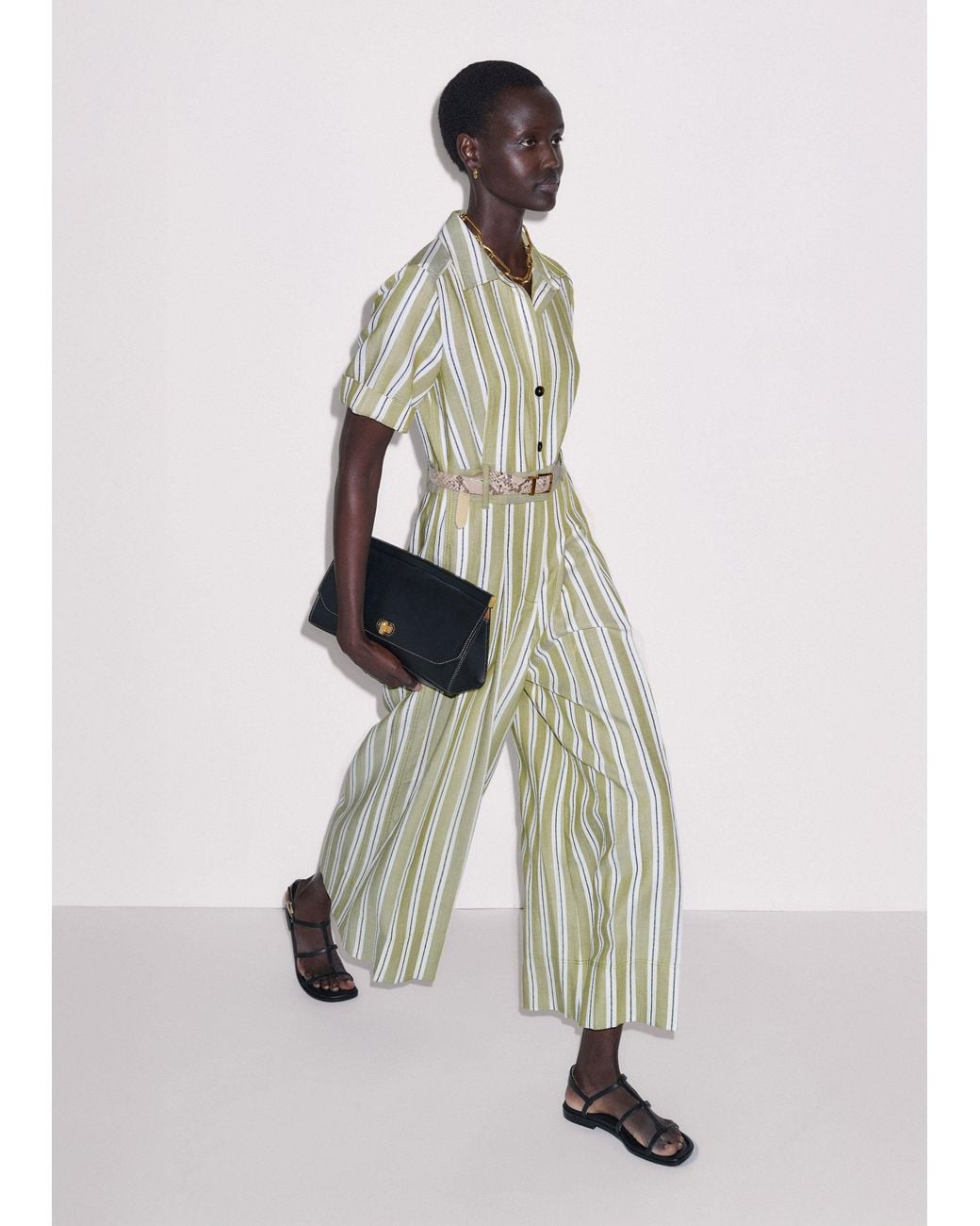 ME+EM Green Stripe Wide Leg Cropped Jumpsuit-Multi
