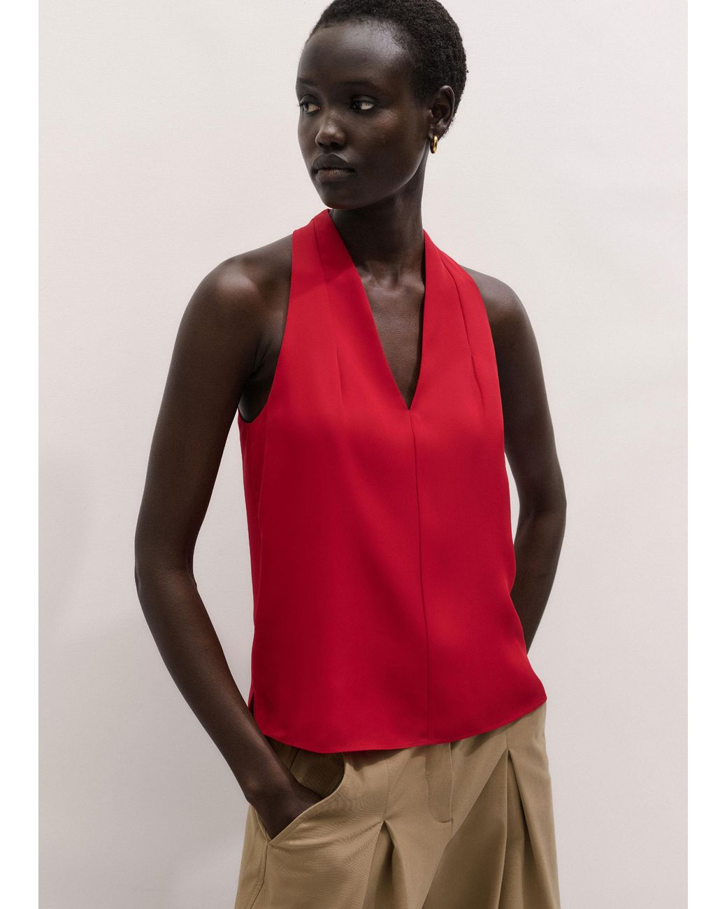ME+EM Red Silk V-Neck Camisole Top + Tie Ruby