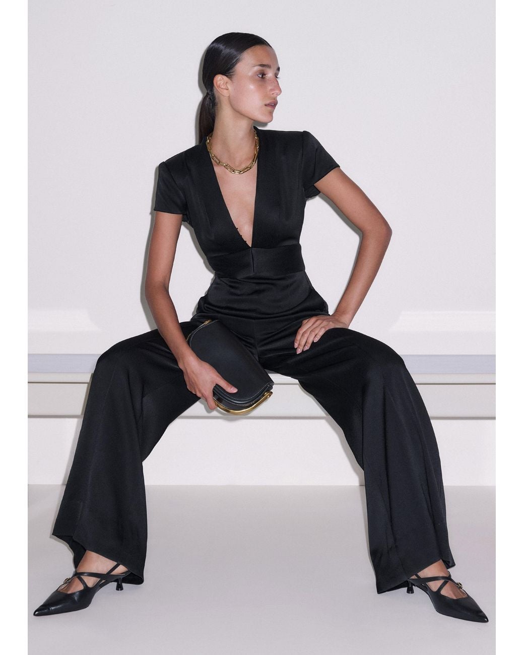 ME+EM White Satin Pintuck Detail Wide Leg Jumpsuit