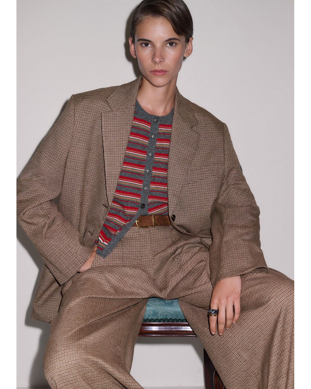 ME+EM Multicolor Pouf Sleeve Striped Cashmere Button Through Tee