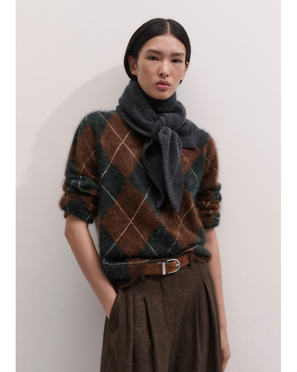 ME+EM Brown Graphic Argyle Brushed Cashmere Jumper Pecan Melange-Charcoal