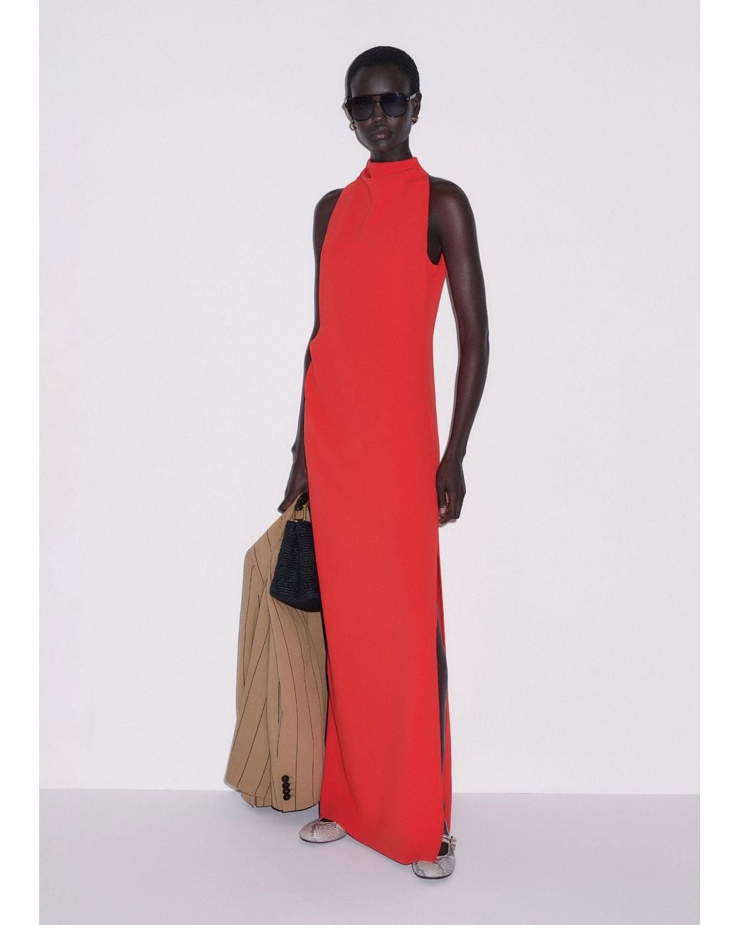 ME+EM Red Draped Neckline Straight Full Length Dress
