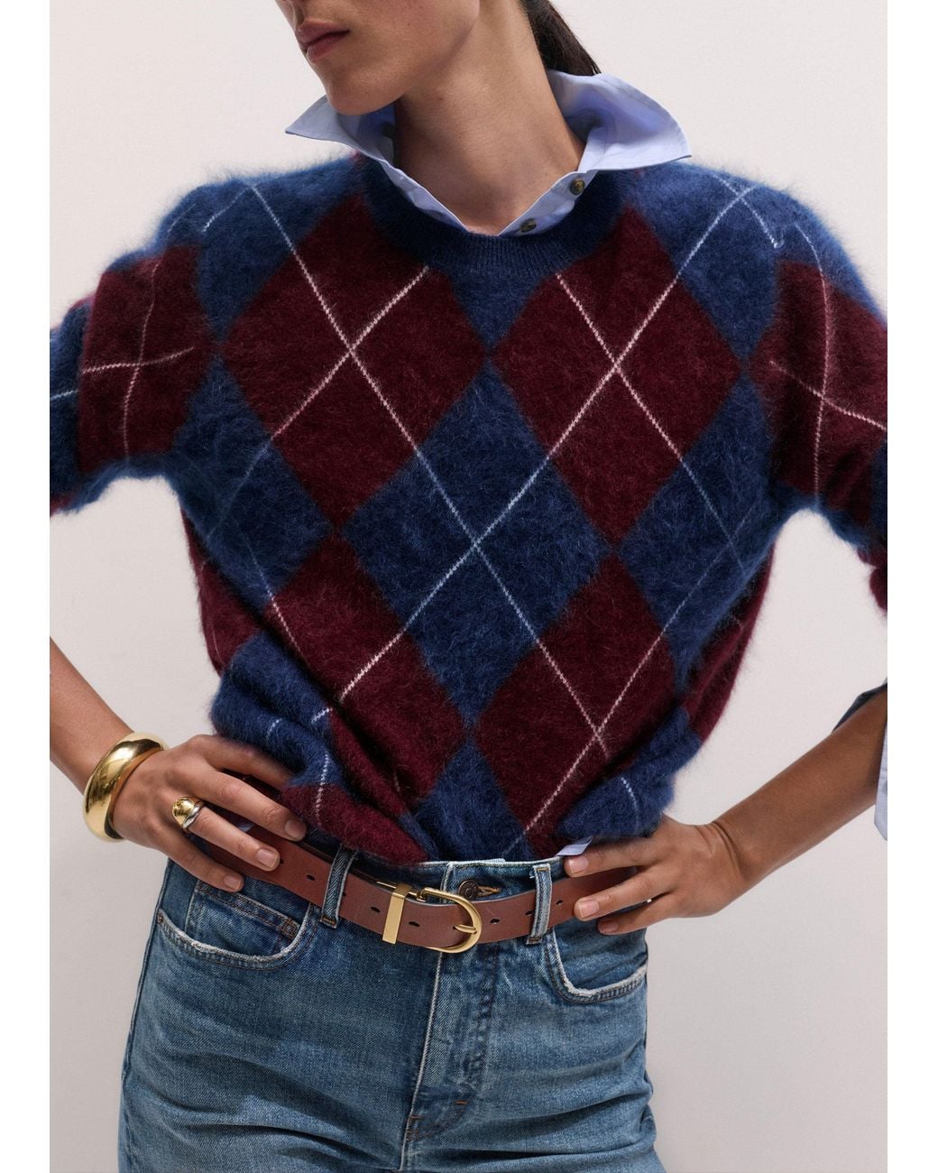 ME+EM Blue Graphic Argyle Brushed Cashmere Jumper Bright-Merlot