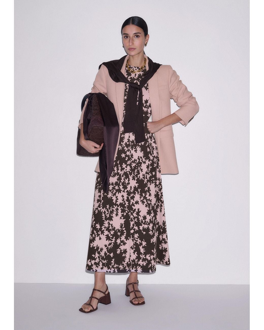 ME+EM White Speckled Bloom Print Raglan Sleeve Maxi Dress Blush-Cocoa