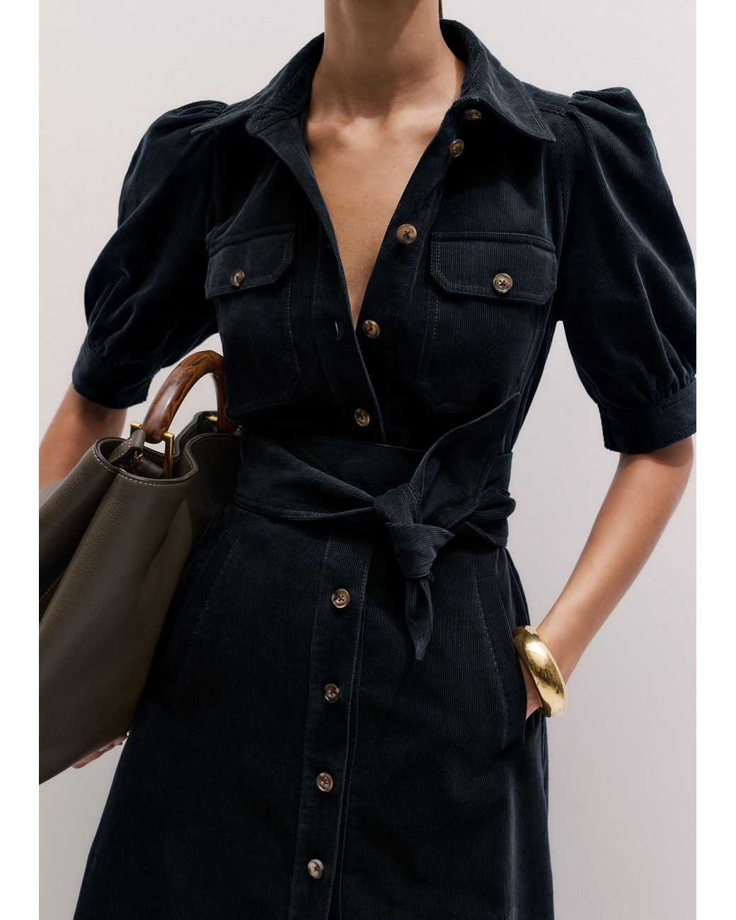 ME+EM Blue Cord Fit And Flare Maxi Shirt Dress + Tie