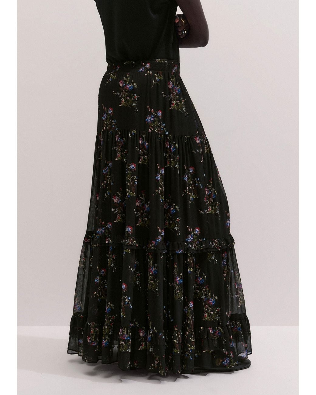ME+EM Black Wild Winter Floral Print Full Length Skirt