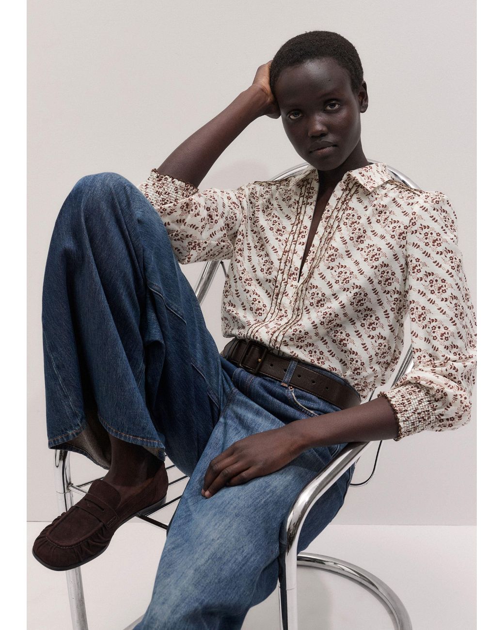 ME+EM Brown Diagonal Floral Print Silk Cotton Blouse