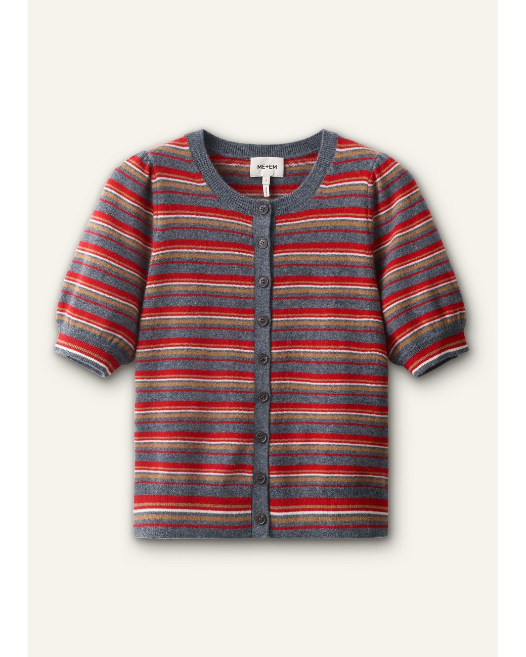 ME+EM Multicolor Pouf Sleeve Striped Cashmere Button Through Tee