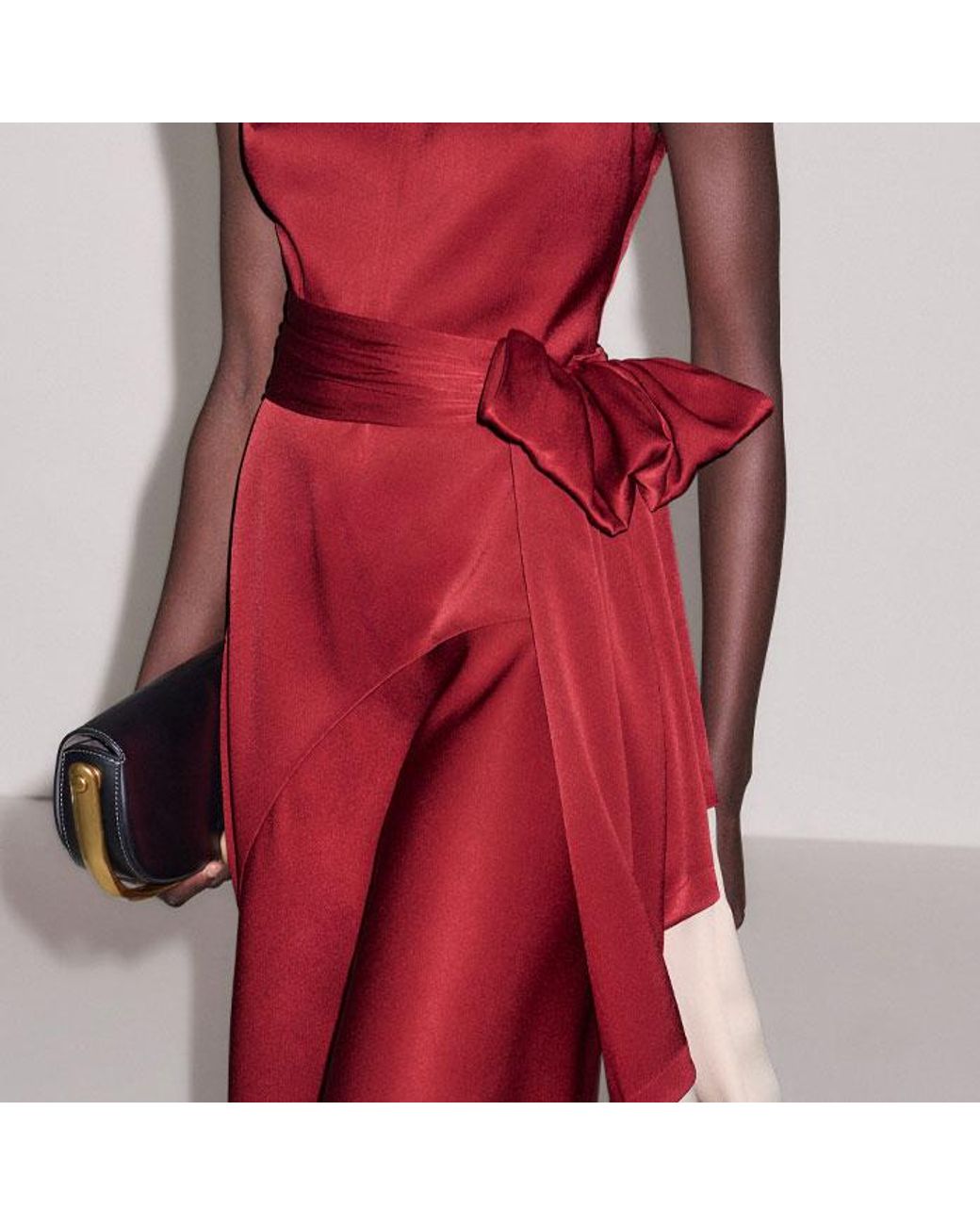 ME+EM Red Satin Colour Tipping Bias Cut Full Length Dress + Belt Pomegranate