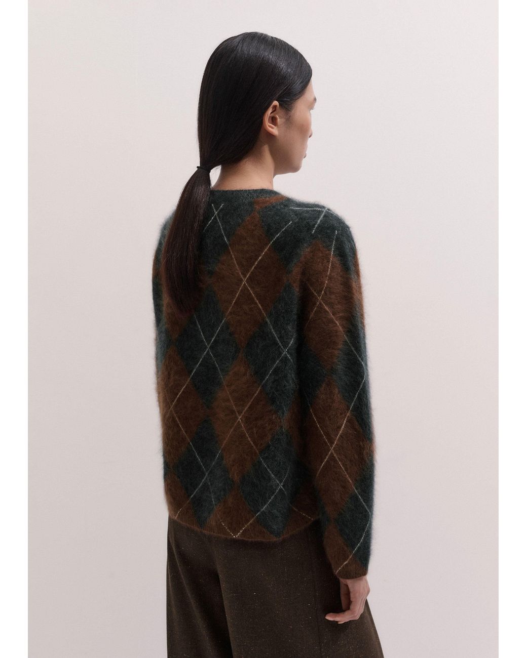 ME+EM Brown Graphic Argyle Brushed Cashmere Jumper Pecan Melange-Charcoal