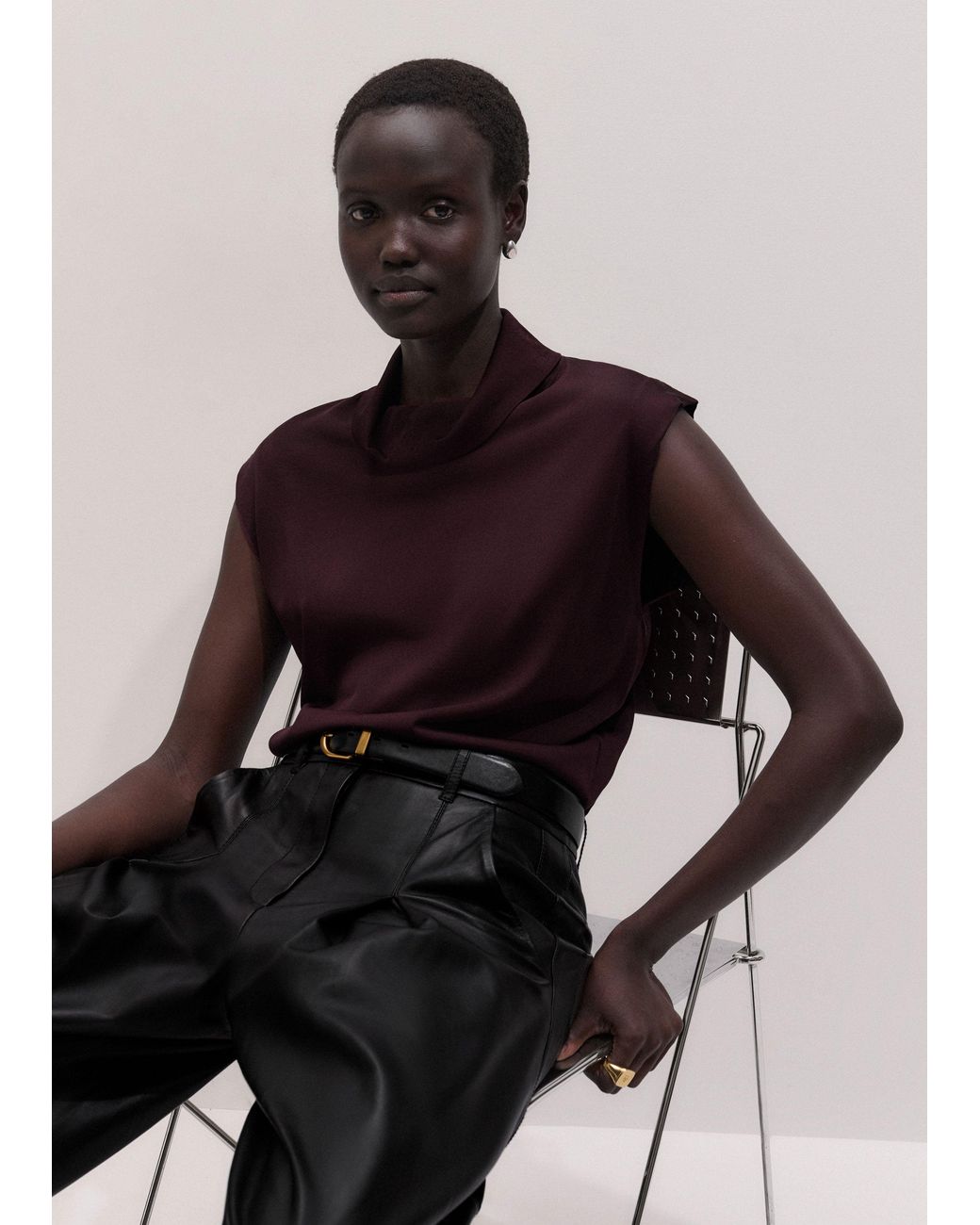 ME+EM Black Fine Silk Draped Straight Knit Tee