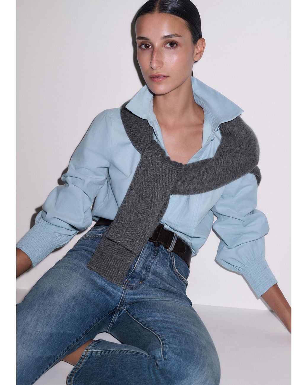 ME+EM Blue Micro Cord Slim Fitting Blouse