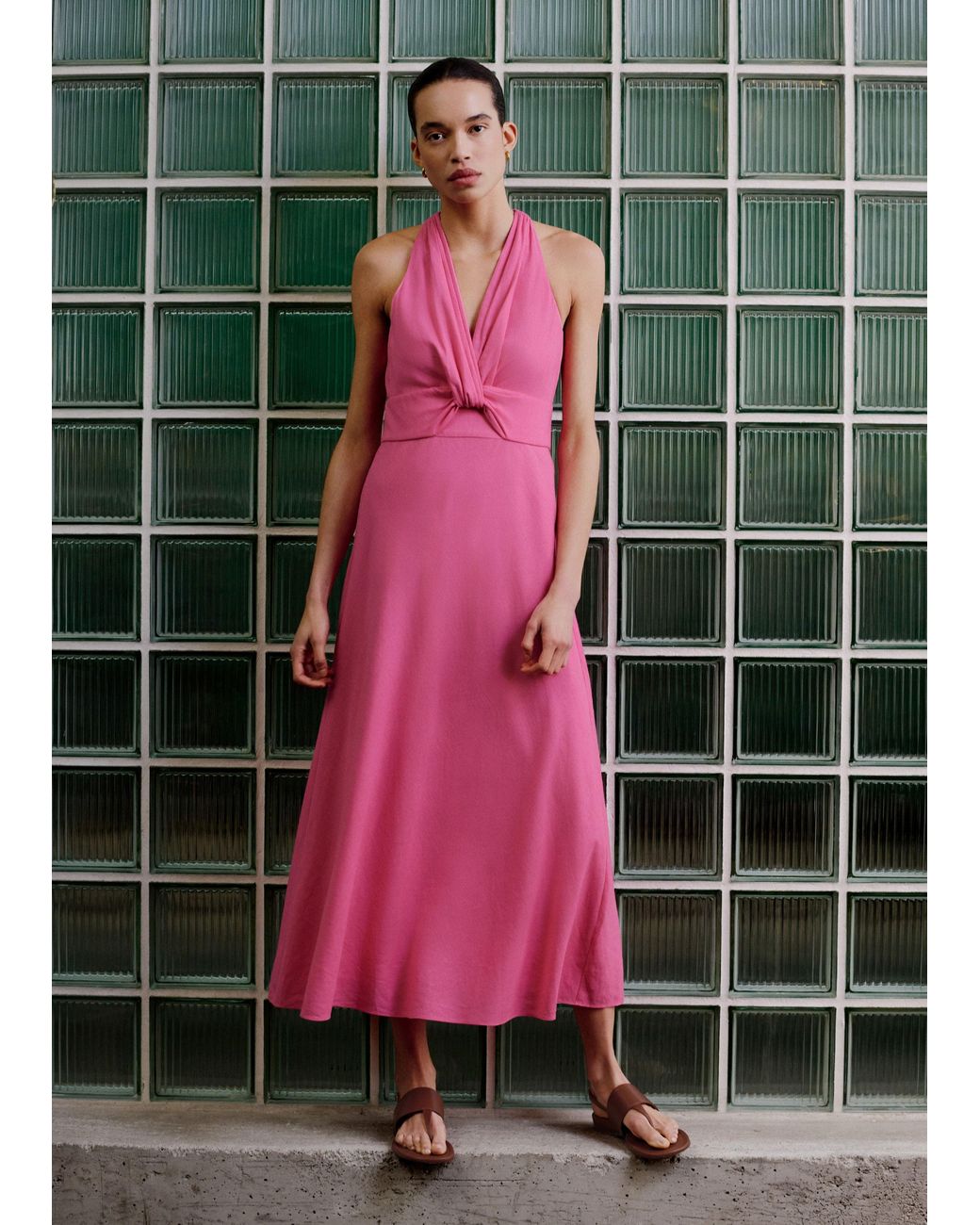 ME+EM Multicolor Crease-Less Linen Twist Front Maxi Dress