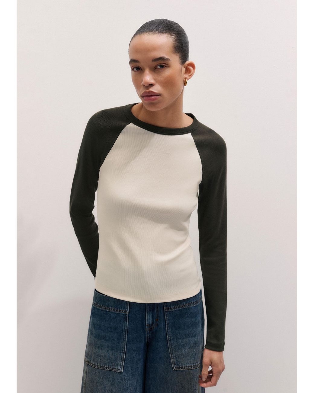 ME+EM Multicolor Ultimate Slim Baseball Top Autumn Ivory-Rich Melange