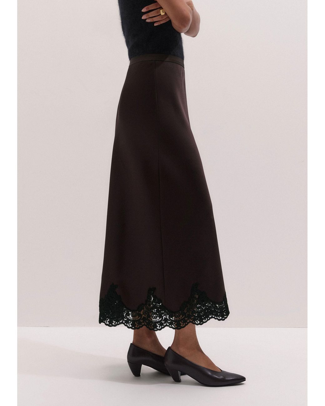 ME+EM Multicolor Satin Lace Maxi Skirt Dark Chocolate