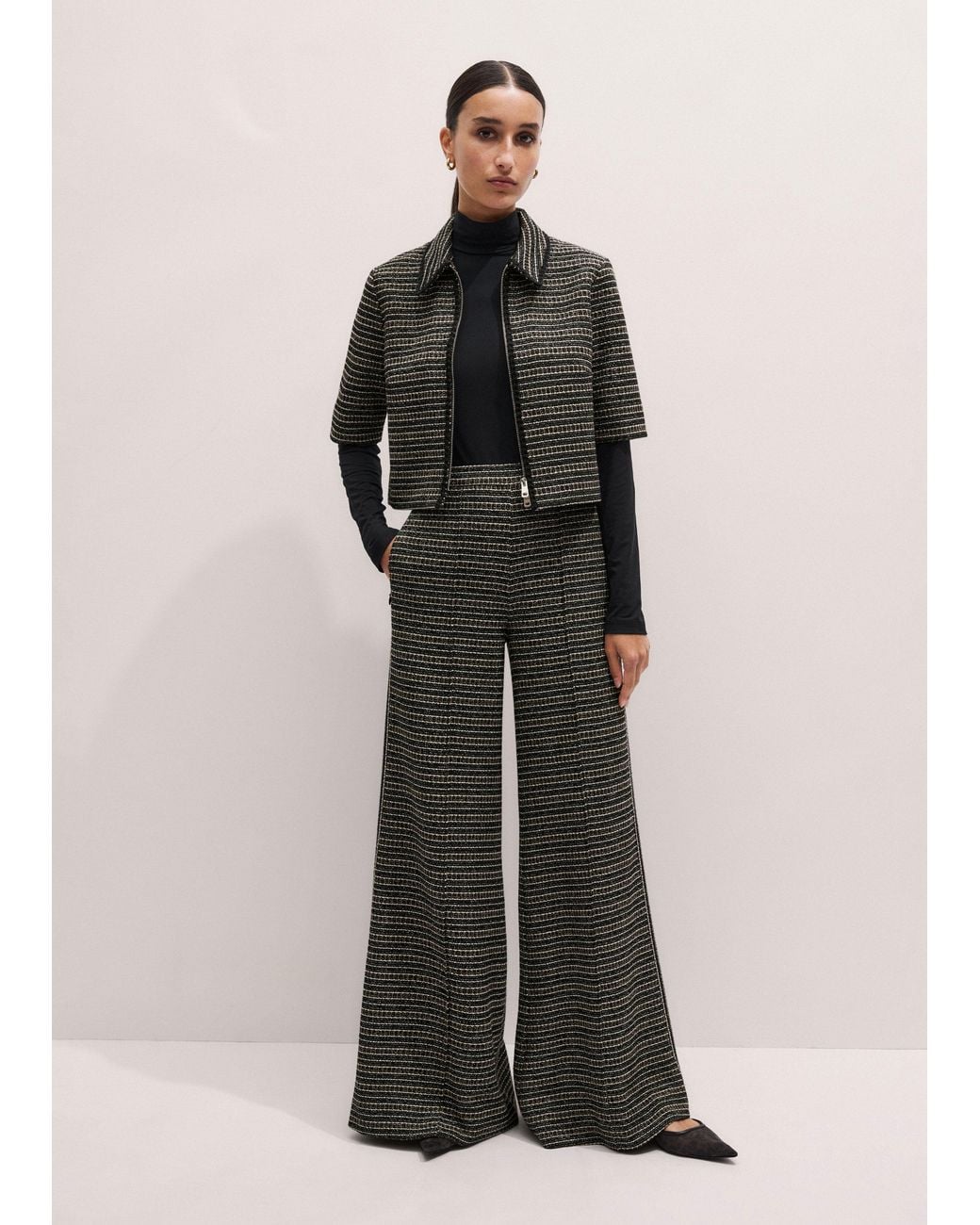 ME+EM Black Stripe Tweed Zip-Front Top