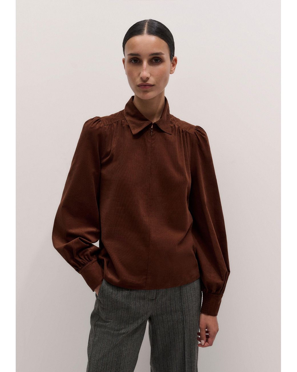ME+EM Brown Babycord Balloon Sleeve Blouse