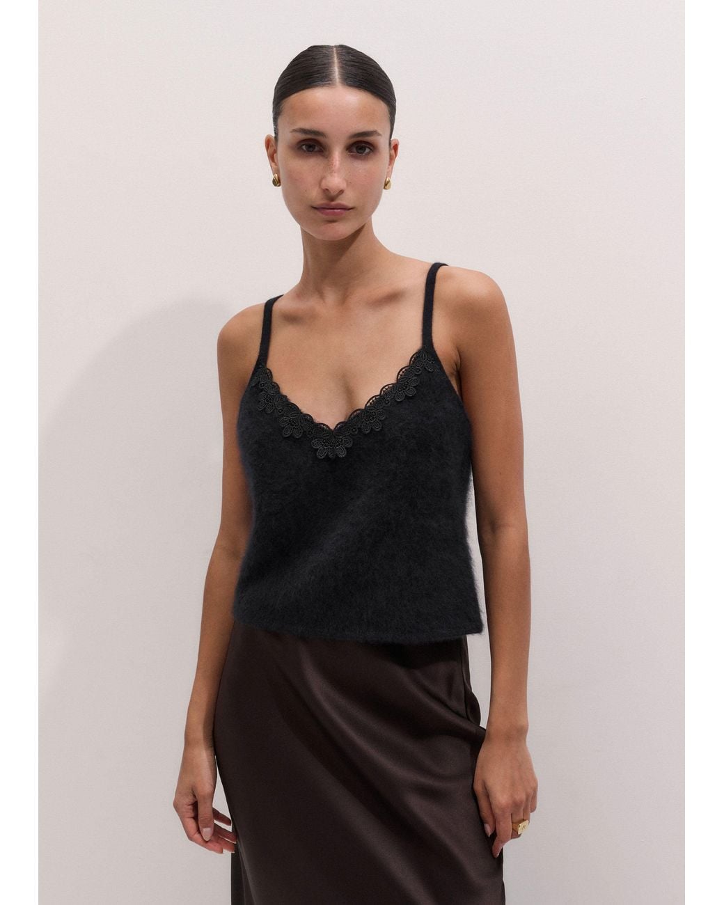 ME+EM Black Brushed Cashmere Lace Trim Slim Knit Vest