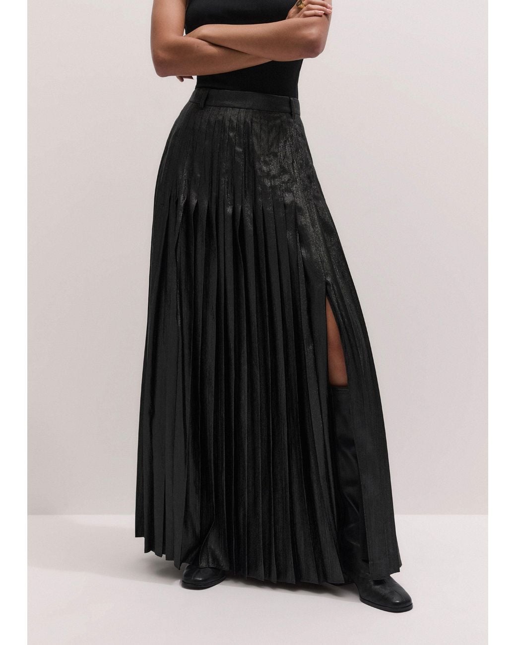 ME+EM Black Metallic Dramatic Pleated Full Length Skirt