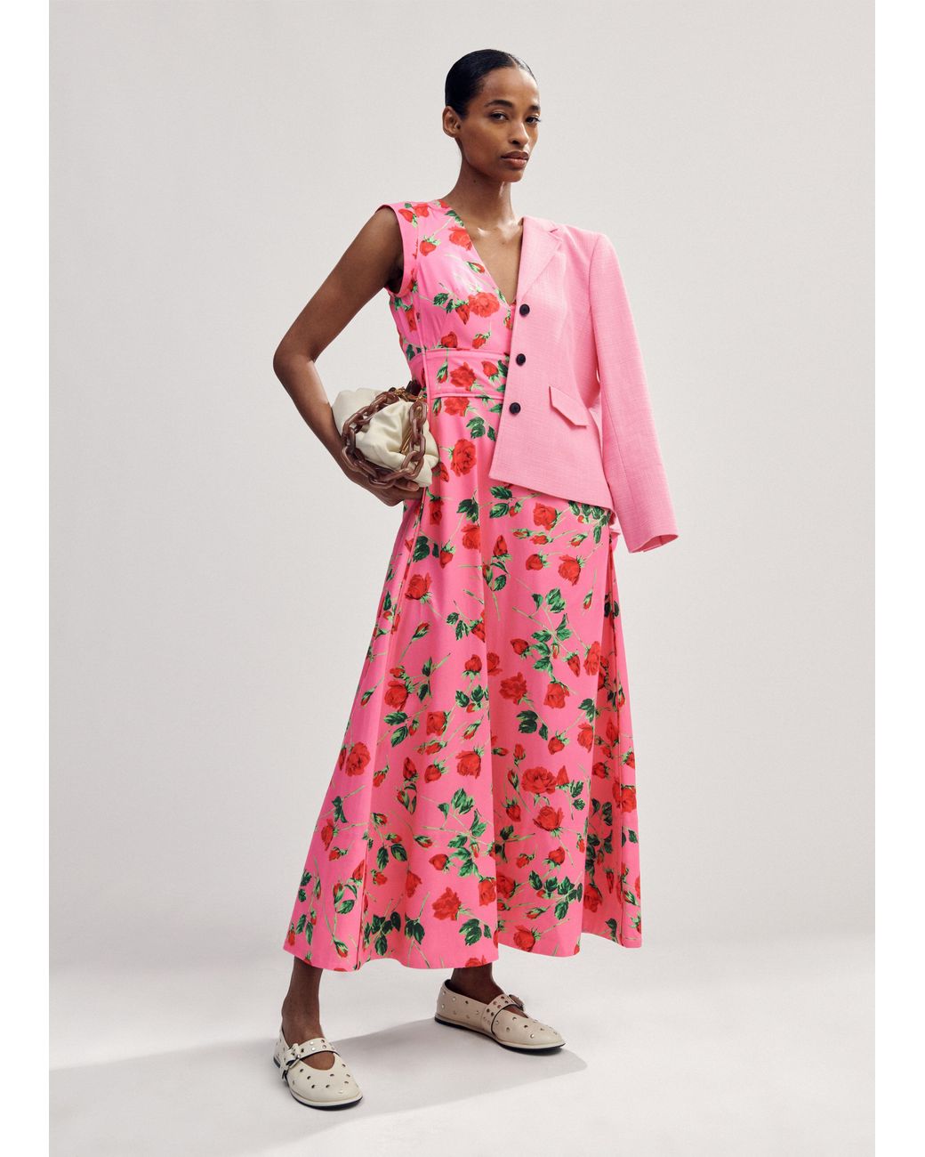 ME+EM Cotton Sateen Rose Print Maxi Dress in Pink | Lyst