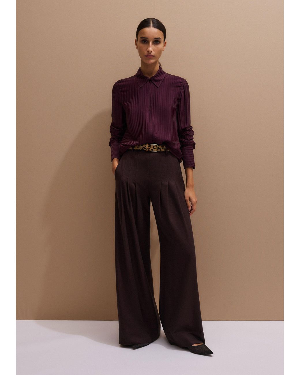 ME+EM Purple Am-Pm Stripe Fluid Satin Shirt + Tie