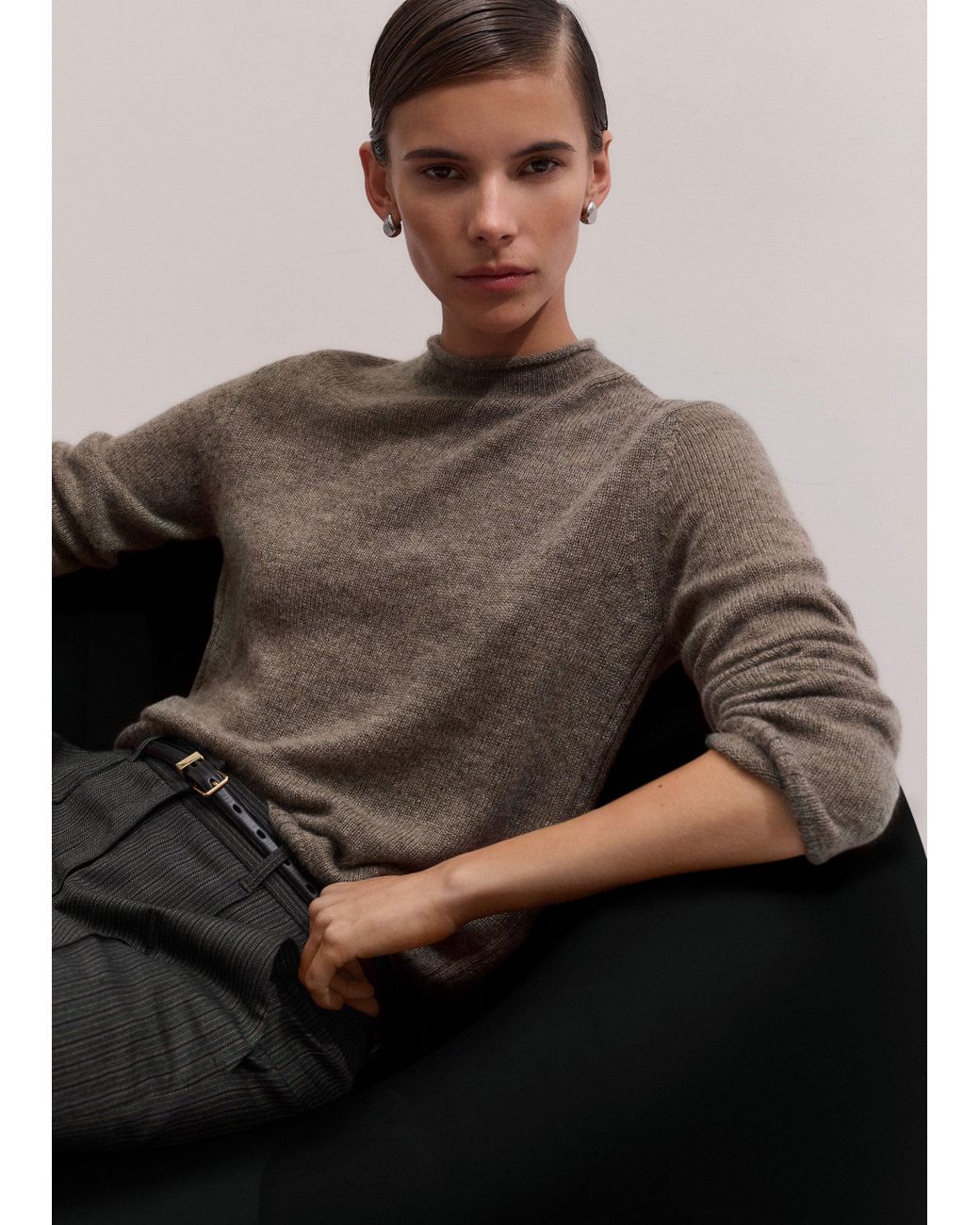 ME+EM Brown Merino Cashmere Silk High Neck Straight Jumper Hazelnut Melange