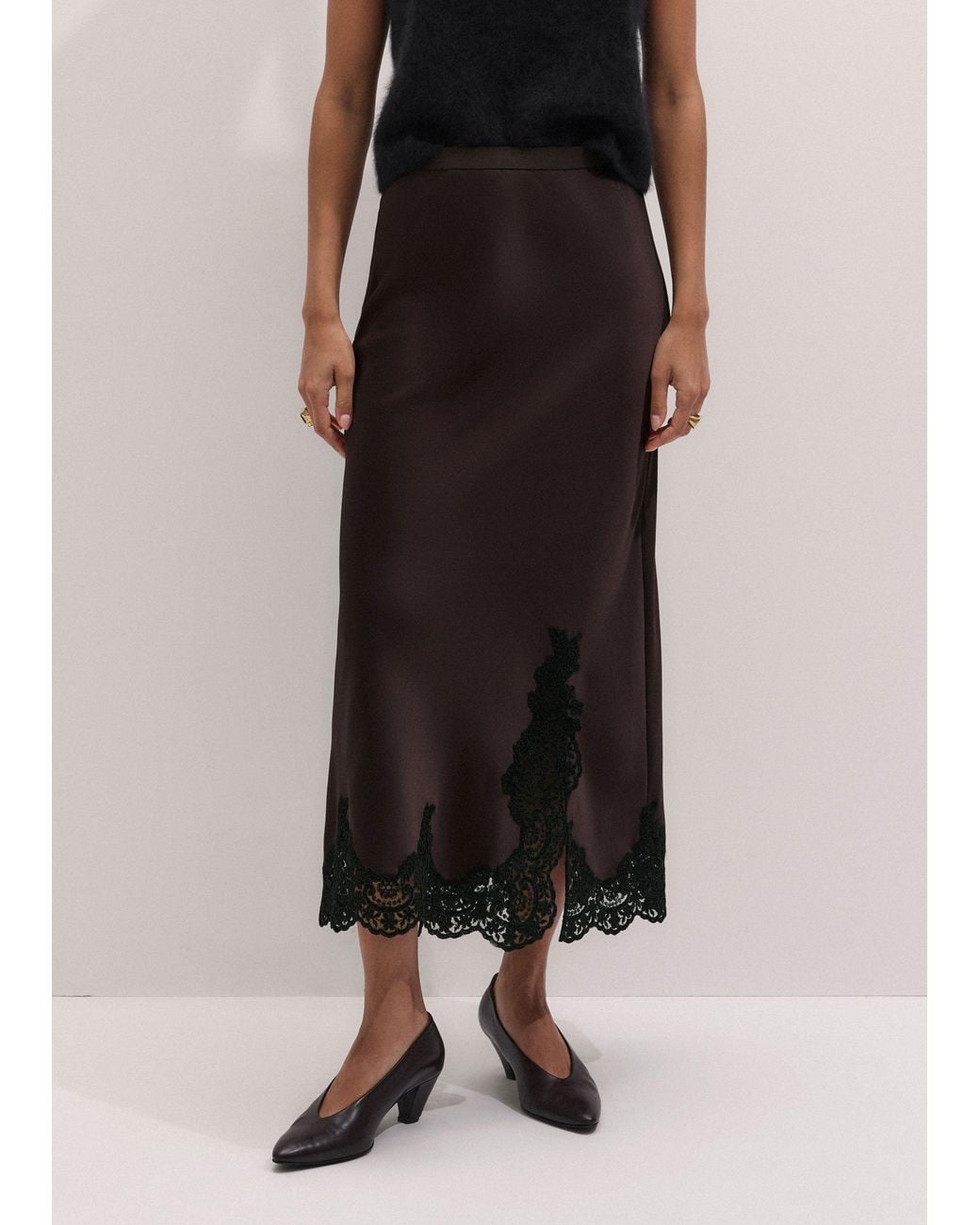 ME+EM Multicolor Satin Lace Maxi Skirt Dark Chocolate