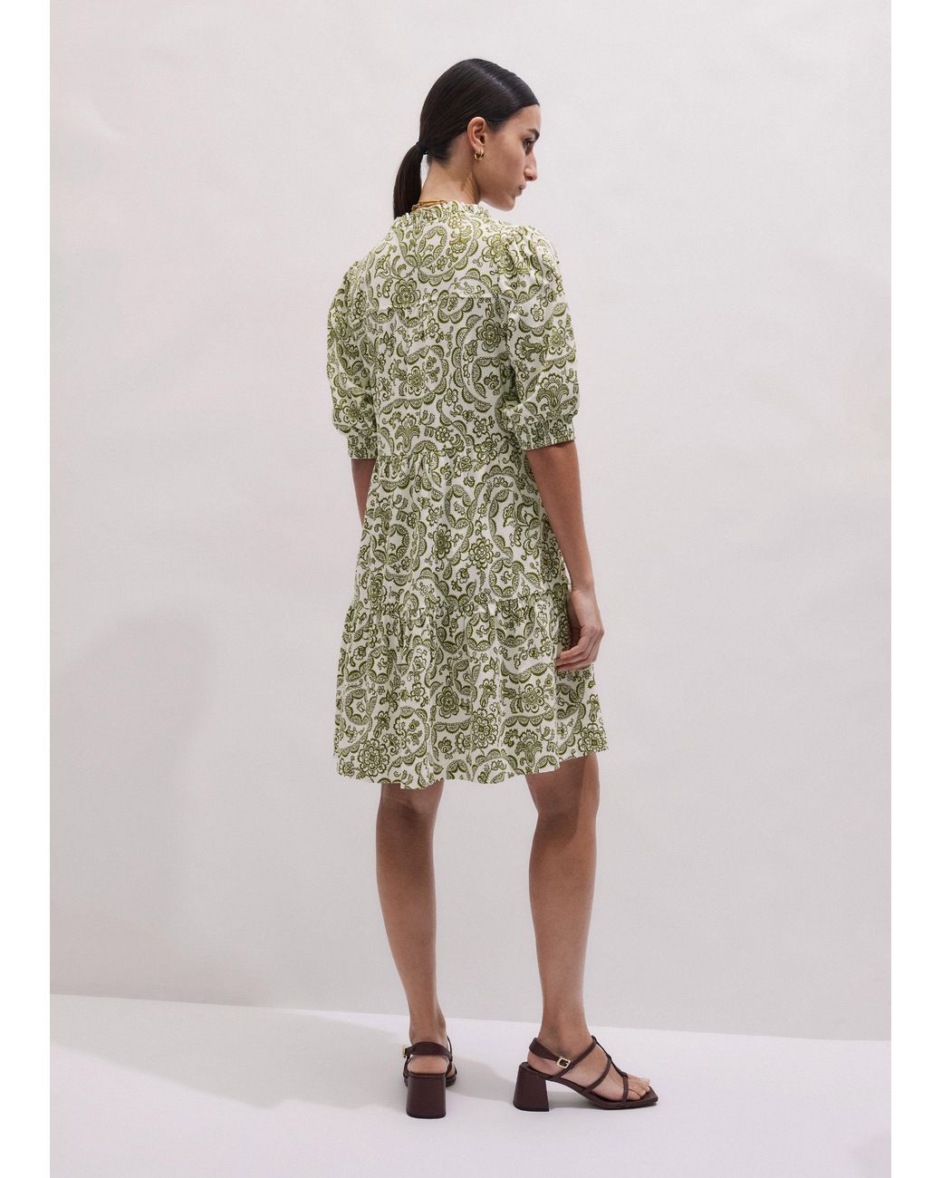 ME+EM Green Entangled Lace Print Tiered Short Dress