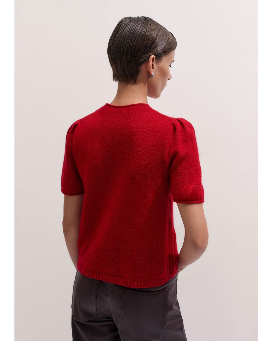 ME+EM Red Merino Cashmere Silk Pouf Sleeve Knit Tee