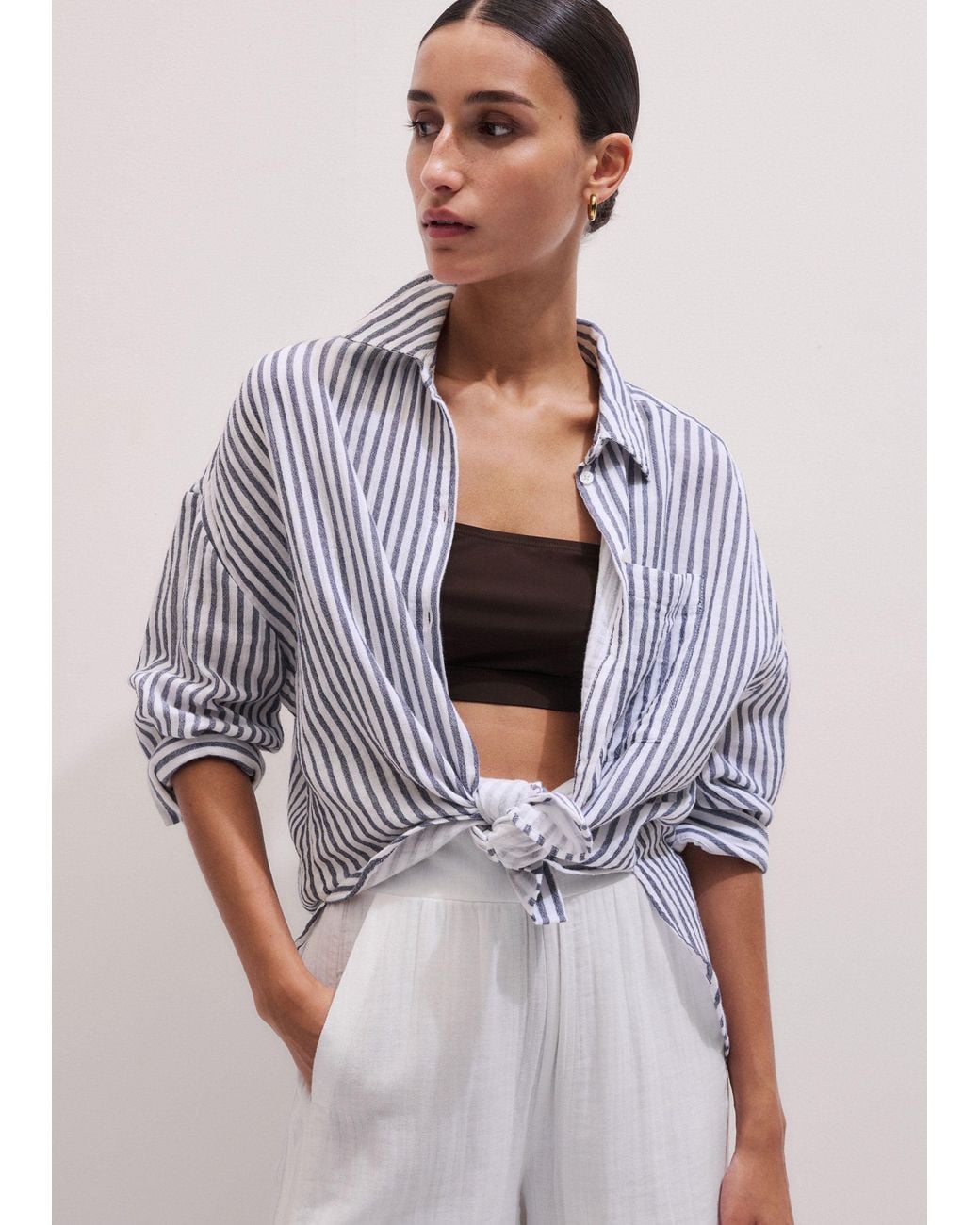 ME+EM Gray Cheesecloth Relaxed Striped Shirt