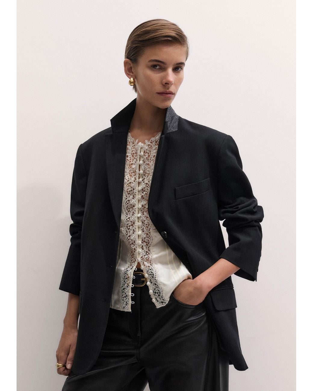 ME+EM Natural Silk Satin And Lace Cap Sleeve Top