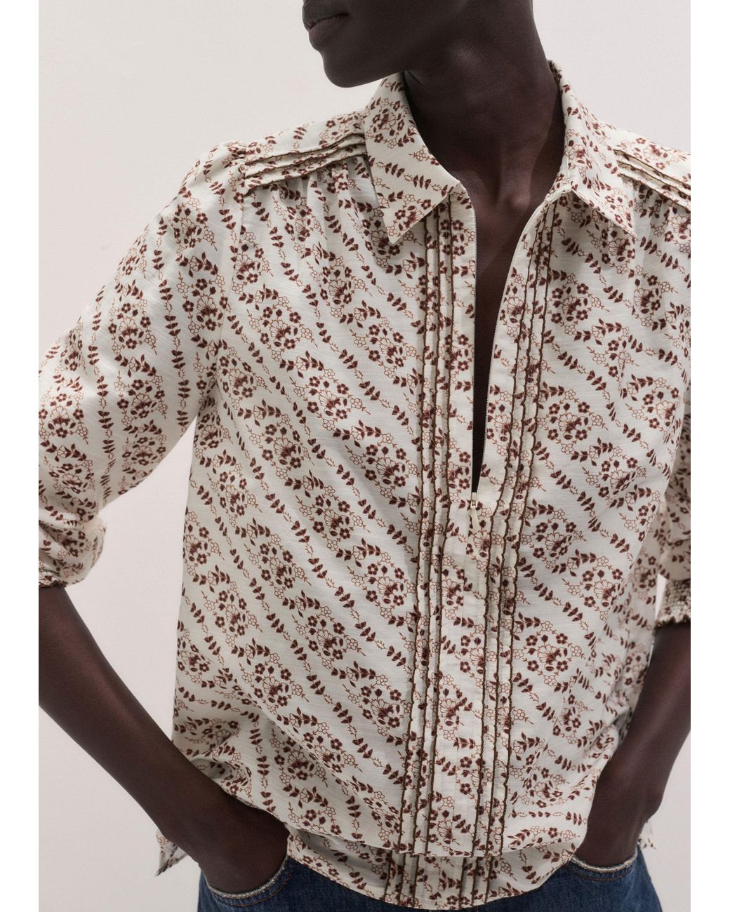 ME+EM Brown Diagonal Floral Print Silk Cotton Blouse