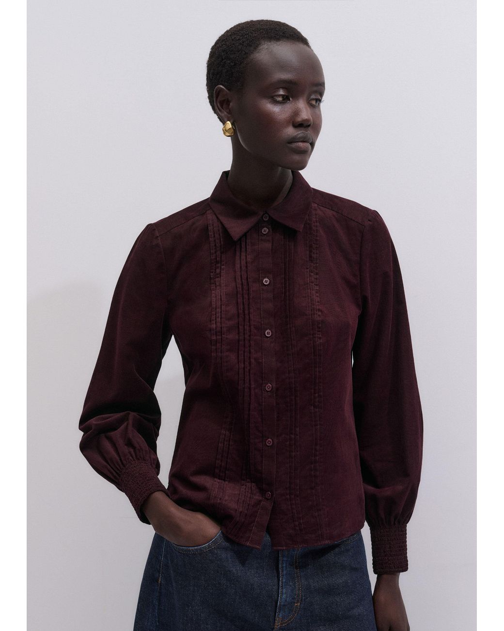 ME+EM Blue Micro Cord Slim Fitting Blouse
