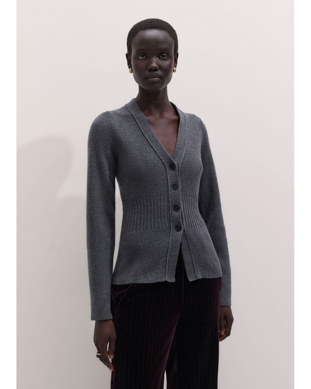 ME+EM Black Merino Cashmere Waisted Cardigan Mid Melange