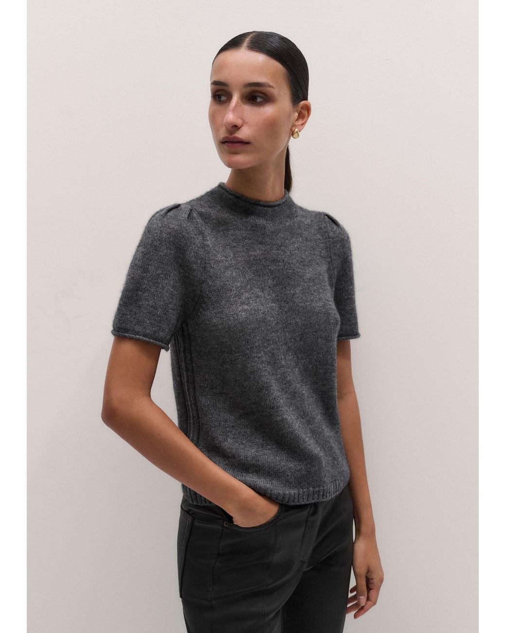 ME+EM Gray Merino Cashmere Silk Pouf Sleeve Knit Tee Mid Melange