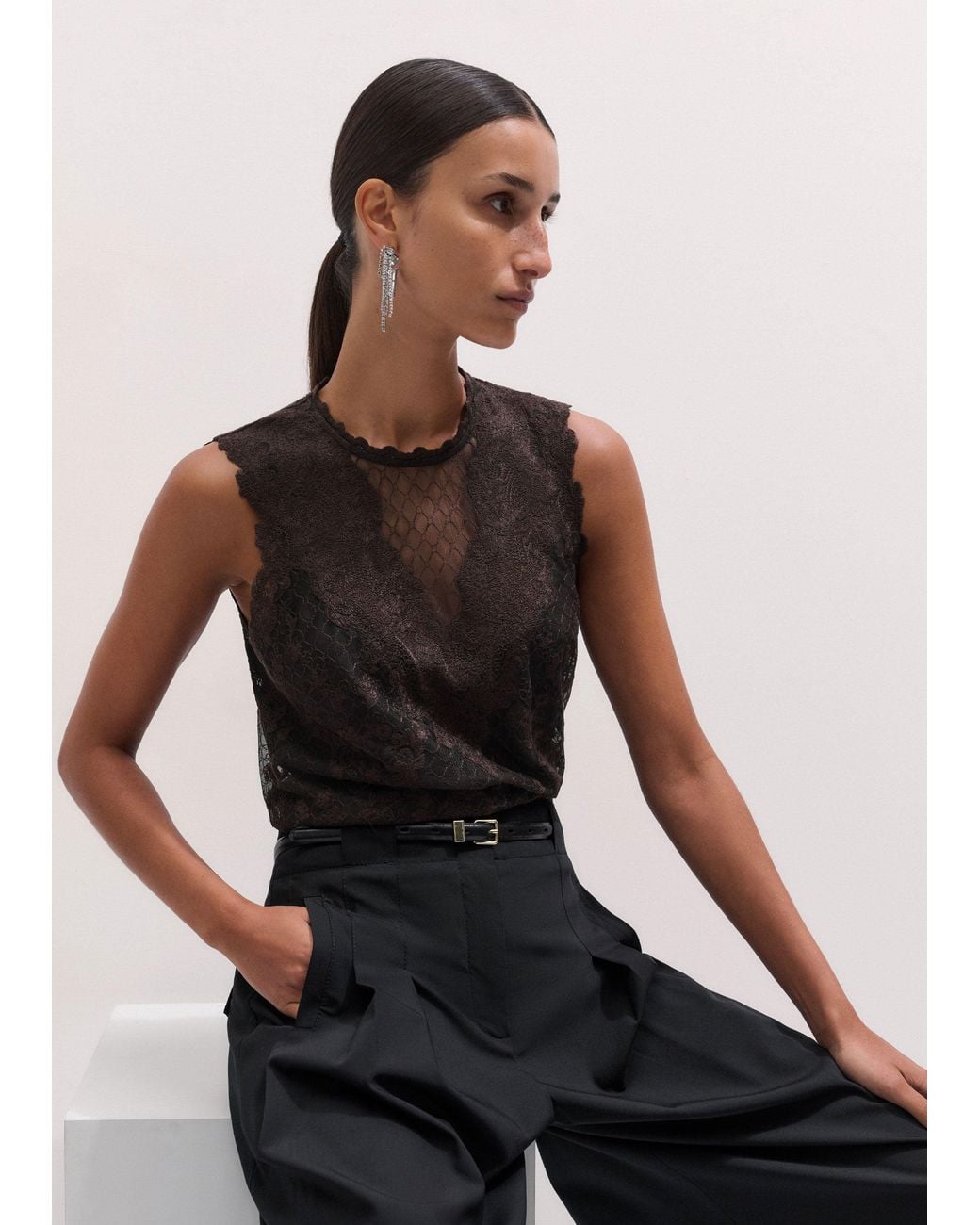ME+EM Black Embroidered Tulle Top + Cami