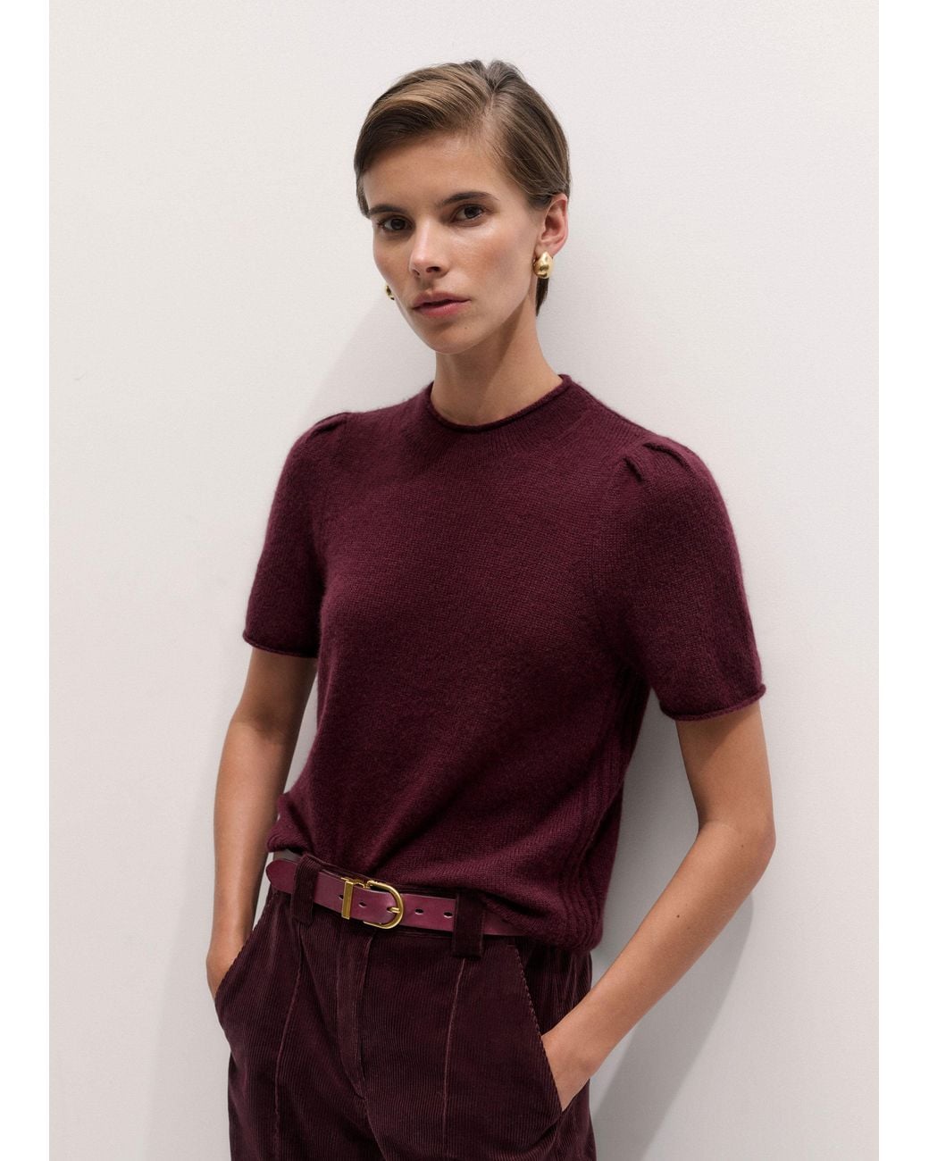 ME+EM Red Merino Cashmere Silk Pouf Sleeve Knit Tee
