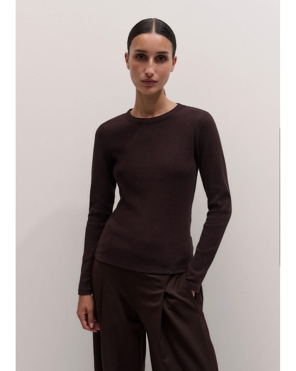 ME+EM Black Ultimate Rib Long Sleeve Top Port Melange