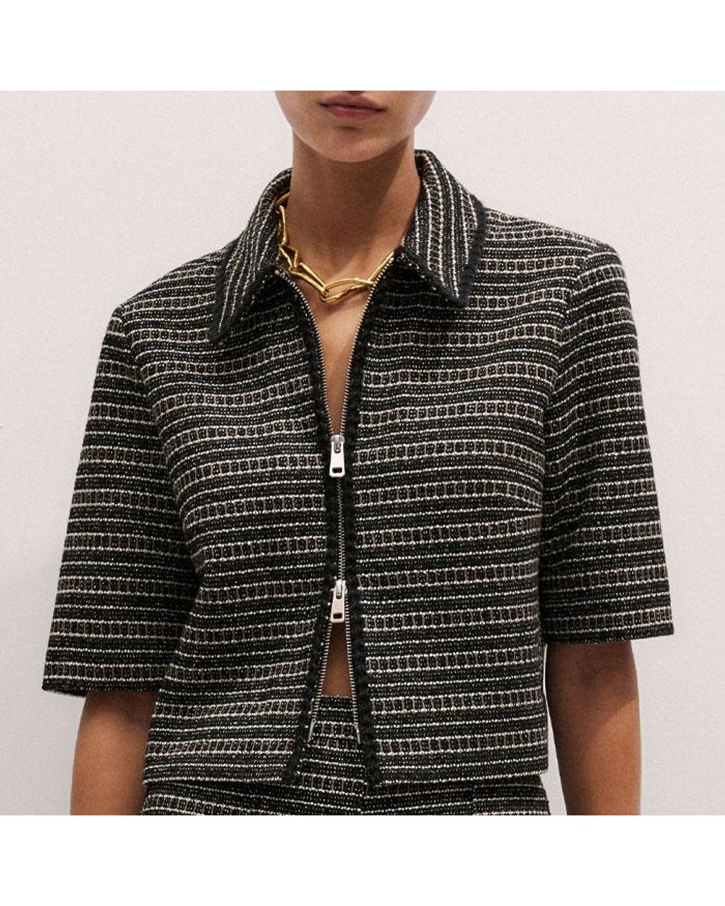 ME+EM Black Stripe Tweed Zip-Front Top