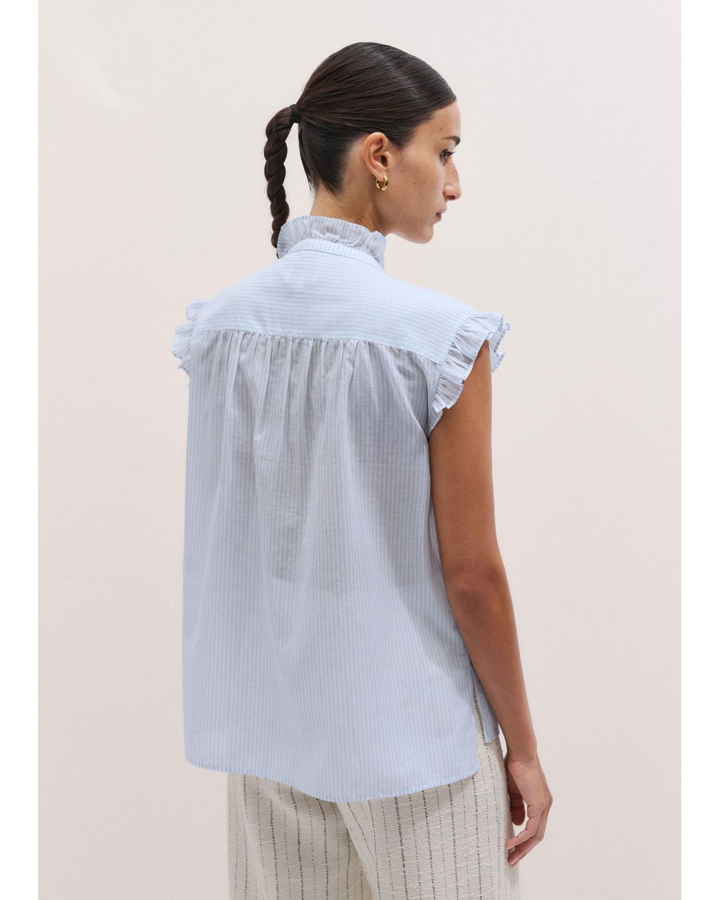 ME+EM Multicolor Cotton Voile Stripe Frill Sleeve Blouse