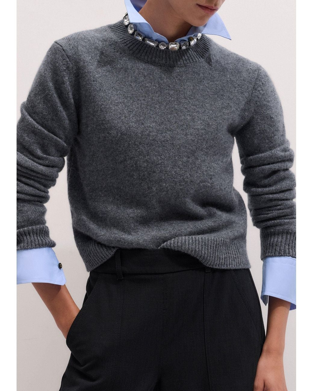 ME+EM Blue Cashmere Crew Neck Crop Jumper Mid Melange