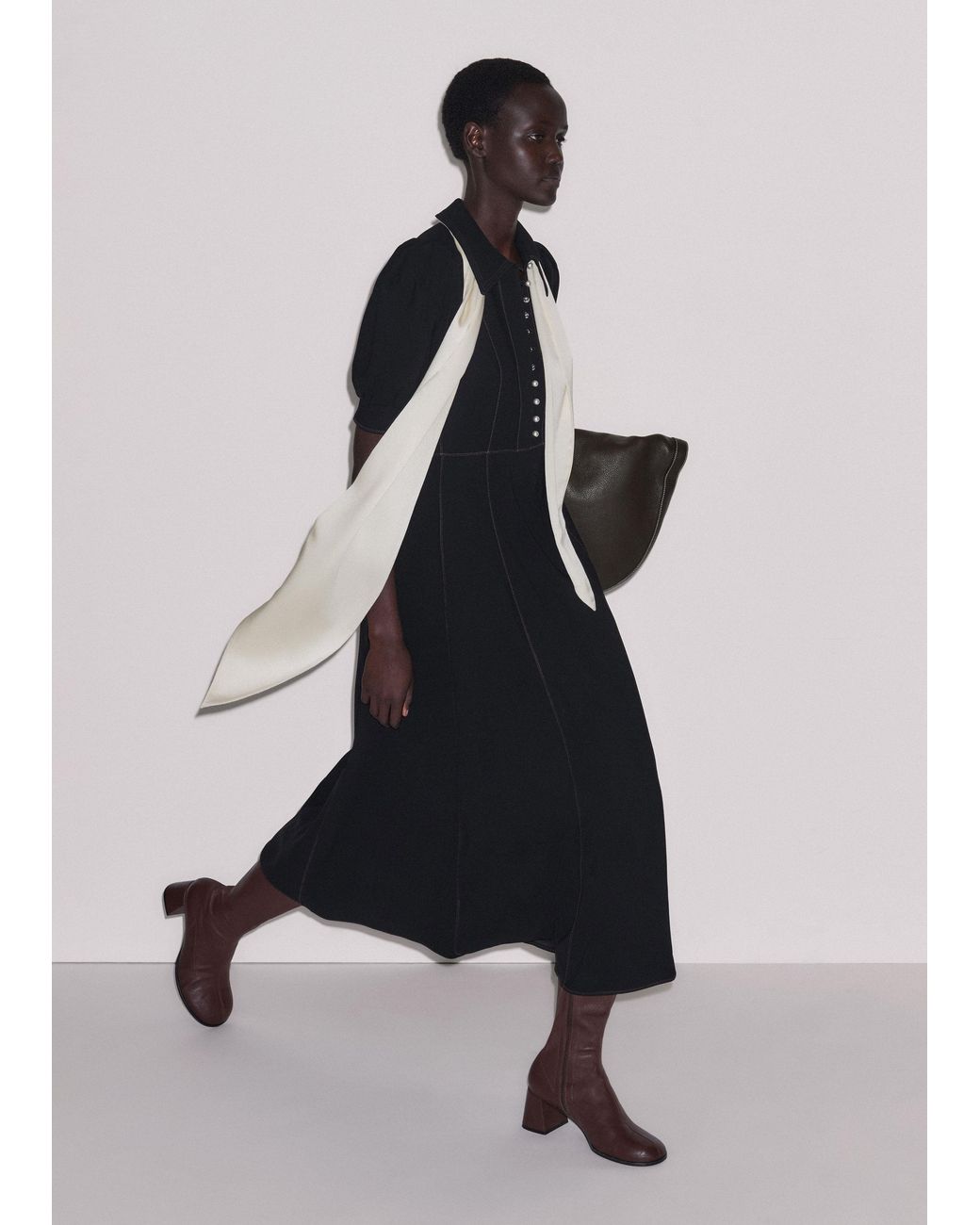 ME+EM Black Contrast Stitch Fit And Flare Midi Shirt Dress