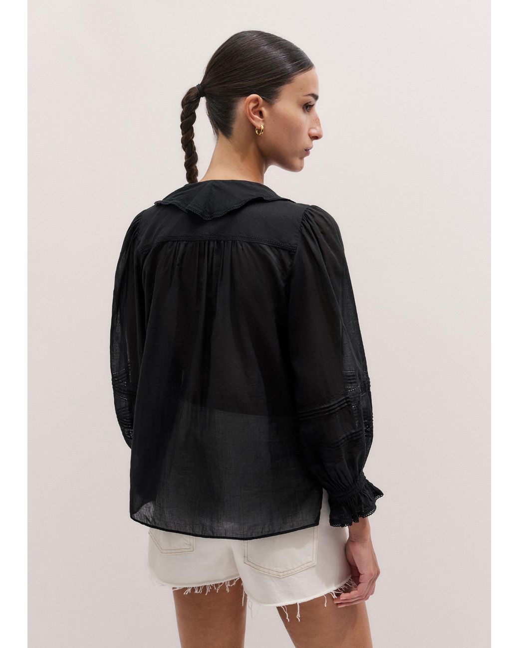 ME+EM Black Cotton Voile Ruffle Blouse