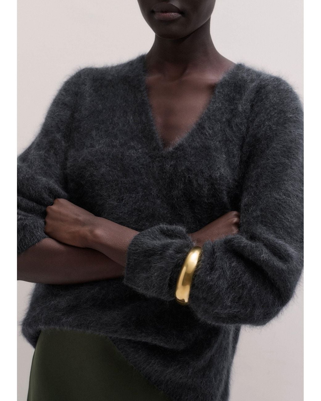 ME+EM Blue Brushed Cashmere Relaxed V Neck Jumper Charcoal Melange