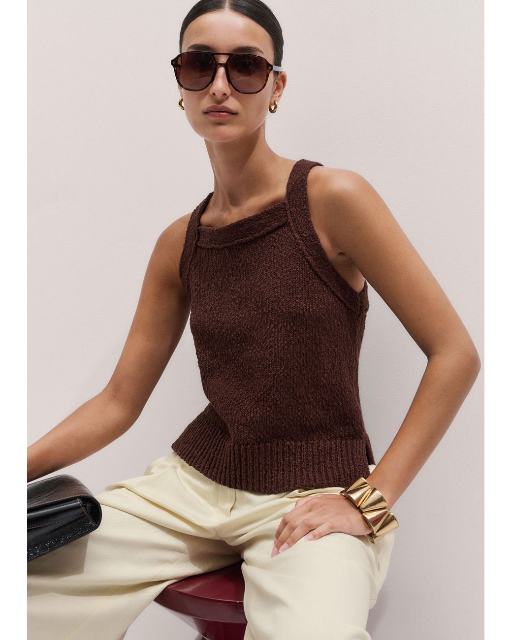 ME+EM Brown Bouclé Knit Top