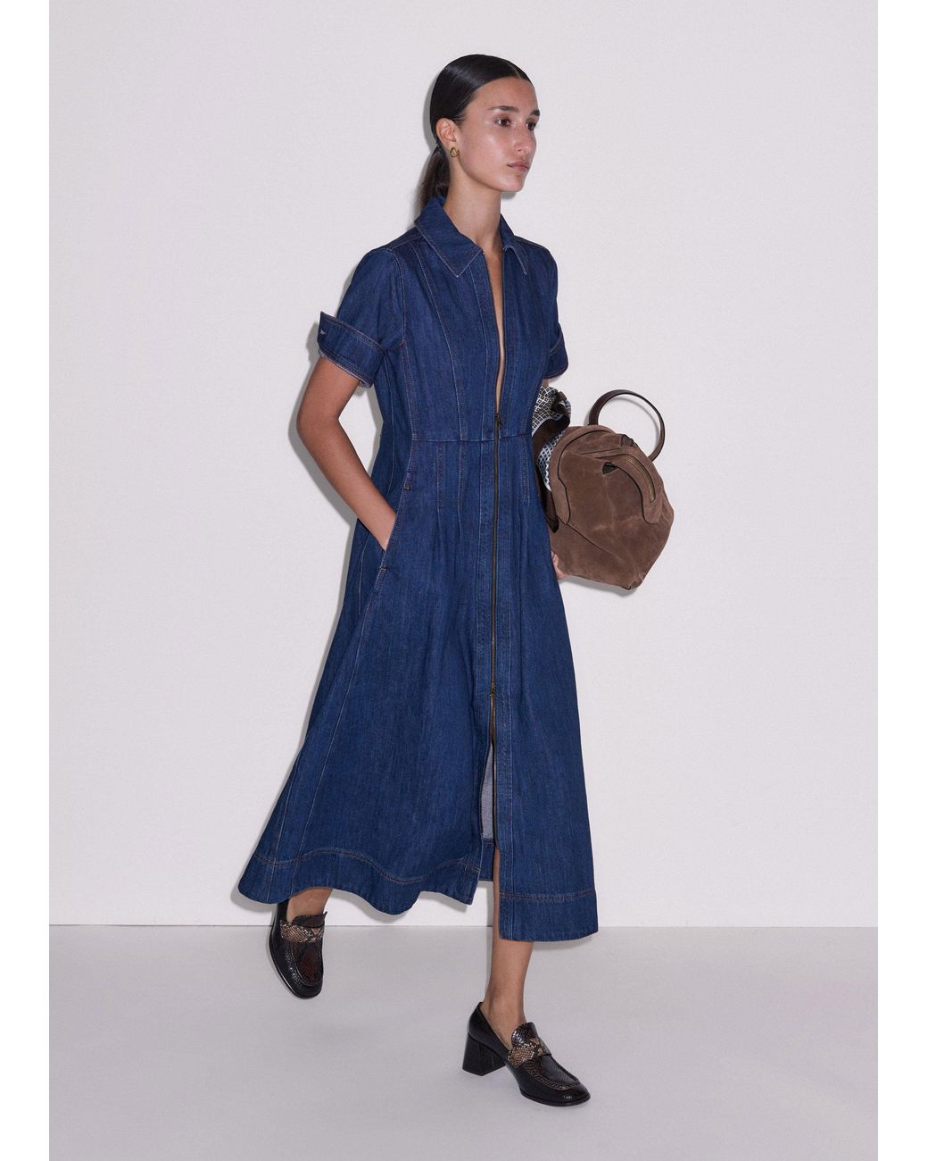 ME+EM Blue Denim Fit And Flare Midi Dress